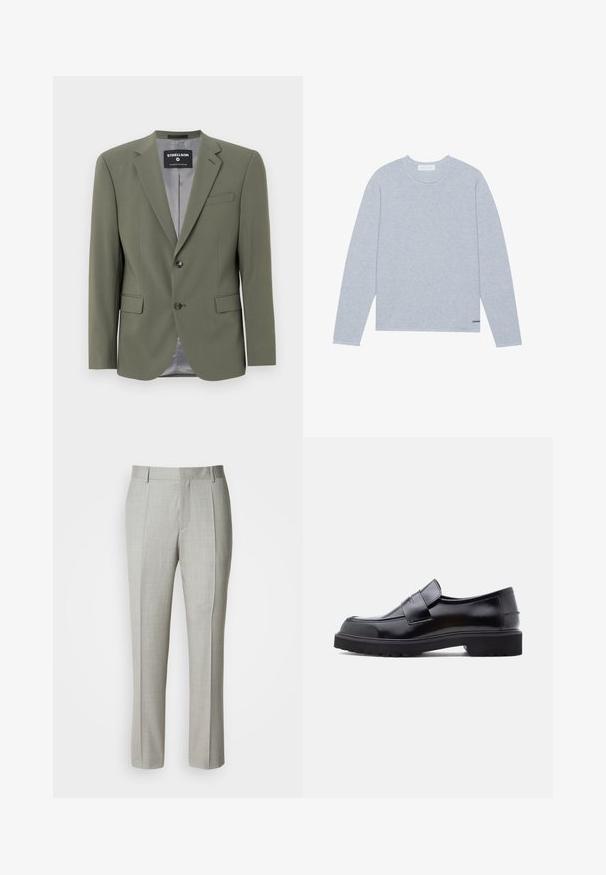 Blazer vert olive en tissu lisse, avec une fermeture à un bouton, des revers crantés et deux poches avant. Doublure intérieure grise.; Pull en maille gris clair à manches longues avec une texture côtelée, un col rond et un petit logo noir près de l'ourlet. Design minimaliste.; Pantalon tailleur gris clair en tissu lisse, présentant une coupe droite, des plis à l'avant, et une ceinture classique avec passants pour ceinture.; Chaussure noire en cuir à enfiler avec un design épuré, bout rond et semelle épaisse en caoutchouc texturé. Présente une sangle décorative à l'avant.