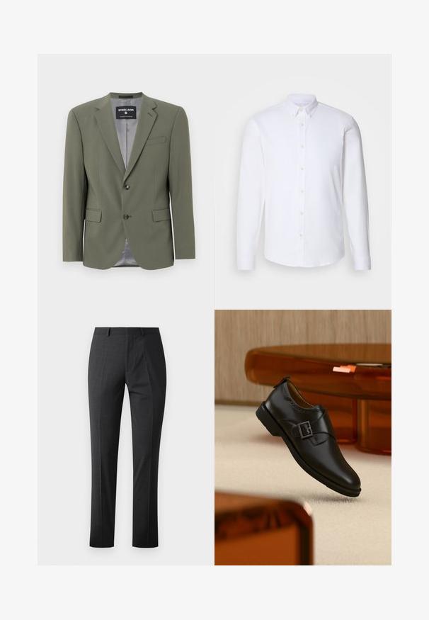 Blazer vert olive en tissu lisse, avec une fermeture à un bouton, des revers crantés et deux poches avant. Doublure intérieure grise.; Chemise blanche à manches longues avec boutons, fabriquée dans un tissu lisse, dotée d'un col classique, de huit boutons sur le devant et de poignets standards.; Pantalons gris foncé sur mesure avec une texture lisse, coupe slim, devant plat et taille standard. Présente des plis marqués et sans motifs visibles.; Chaussure monk en cuir noir avec boucle argentée, flottant au-dessus d'un tapis beige avec des meubles translucides marron en arrière-plan.