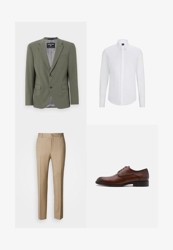 Olijfgroene blazer van gladde stof, met een enkele knoopsluiting, ingezette revers en twee voorzakken. De binnenvoering is grijs.; Witte langemouw overhemd met knopen en een spitse kraag, gemaakt van gladde stof, met een voorflap en een ronde zoom.; Beige op maat gemaakte broek met een gestructureerde stof, een vlak voorkant en rechte pijpen. Voorzien van zijzakken en riemlussen, voor een verzorgde uitstraling.; Bruine leren dresschoenen met een slank ontwerp, ronde neus, vijf veterogen, vetersluiting en een lage gestapelde hak. Heeft subtiele stiksels.