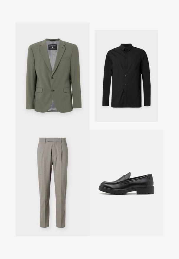 Blazer vert olive en tissu lisse, avec une fermeture à un bouton, des revers crantés et deux poches avant. Doublure intérieure grise.; Chemise noire unie à manches longues avec boutons et col classique, présentée sur un fond gris clair.; Pantalon gris clair sur mesure à jambes droites, passants pour ceinture, plis avant et taille nette sur fond blanc.; Mocassins en cuir noir avec un bout arrondi, un design à enfiler et une semelle en caoutchouc épaisse avec une texture antidérapante. Talon surélevé et détails de surpiqûre subtils.
