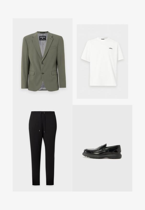 Blazer vert olive en tissu lisse, avec une fermeture à un bouton, des revers crantés et deux poches avant. Doublure intérieure grise.; T-shirt blanc à manches courtes avec col rond et petit logo noir brodé sur la poitrine gauche, "Paul Smith", sur fond uni.; Pantalon de survêtement noir slim fit avec taille élastique et cordon, poignets aux chevilles, présenté sur fond uni.; Mocassin en cuir noir avec une finition brillante, bout arrondi, détails de couture subtils et semelle en caoutchouc épaisse pour la durabilité.