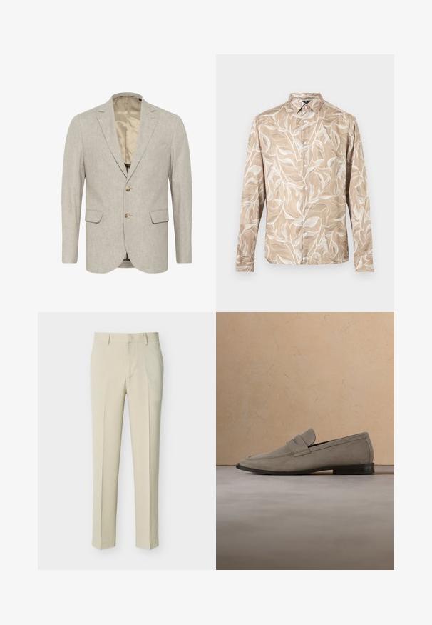 Lichtgrijze blazer van textuurstof, met een sluiting met twee knopen, notch revers en twee voorzakken. Gevoerd interieur.; Beige overhemd met lange mouwen en knopen, voorzien van een wit bladwijzenpatroon en een puntige kraag.; Beige, op maat gemaakte rechte broek met riemlussen en een voorrits, weergegeven tegen een effen lichte achtergrond.; Beige suède loafer met een donkere zool, weergegeven tegen een achtergrond van bijpassend tapijt en bank.