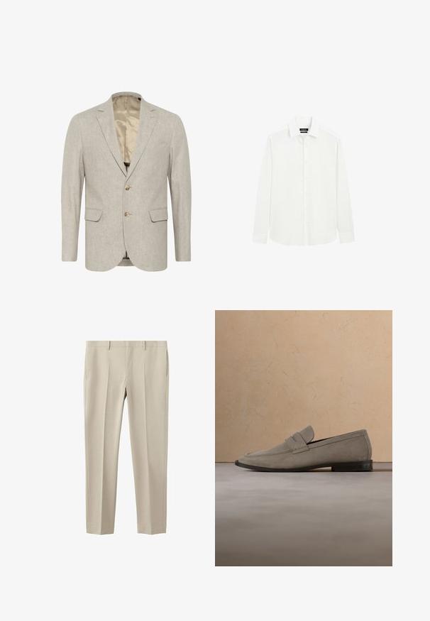 Lichtgrijze blazer van textuurstof, met een sluiting met twee knopen, notch revers en twee voorzakken. Gevoerd interieur.; Wit overhemd met lange mouwen en knopen, klassieke kraag en manchetten, eenvoudig ontwerp, afgebeeld tegen een witte achtergrond.; Beige op maat gemaakte broek met ceintuurlussen, zijzakken en voorplooien, ontworpen voor een slanke pasvorm.; Beige suède loafer met een donkere zool, weergegeven tegen een achtergrond van bijpassend tapijt en bank.