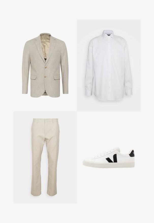 Heller grauer Blazer aus strukturiertem Stoff, mit einer Zwei-Knopf-Verschluss, Reverskragen und zwei Taschen vorne. Futter im Inneren.; Lindbergh Businesshemd - white; Beige Leinenhosen mit geradem Bein, Fronttaschen und glatter Textur. Minimalistisches Design; keine sichtbaren Muster oder Beschläge.; Weiße Leder-Sneaker mit schwarzen Wildlederelementen; verfügen über eine Gummisohle, eine runde Spitze und ein klassisches Schnürdesign. Seitliches Logo in Schwarz.