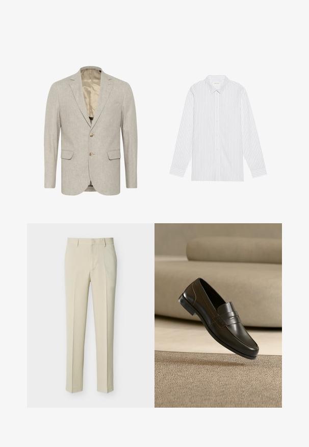 Lichtgrijze blazer van textuurstof, met een sluiting met twee knopen, notch revers en twee voorzakken. Gevoerd interieur.; Witte knoopsluiting overhemd met dunne zwarte verticale strepen, voorzien van een klassieke kraag en lange mouwen met knoopmanchetten.; Beige, op maat gemaakte rechte broek met riemlussen en een voorrits, weergegeven tegen een effen lichte achtergrond.; Zwarte leren loafer met een strak design en decoratieve band, getoond bovenop een gestructureerd beige tapijt en een neutrale bankachtergrond.