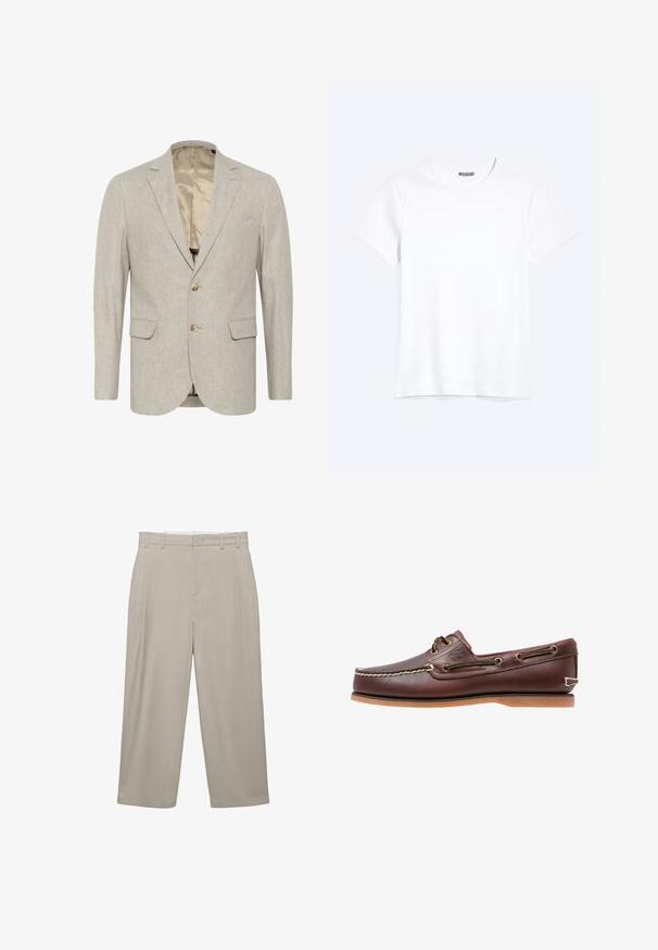 Lichtgrijze blazer van textuurstof, met een sluiting met twee knopen, notch revers en twee voorzakken. Gevoerd interieur.; Effen witte T-shirt met korte mouwen en ronde hals met een zichtbaar WEEKDAY-merklabel bij de nek, weergegeven op een lichte achtergrond.; Beige broek met wijde pijpen, riemlussen, voorplooien en een nette tailleband, plat uitgestald op een witte achtergrond.; Bruine leren bootschoen met witte stiksels, veterdetails en beige rubberen zool, zijaanzicht op een witte achtergrond.