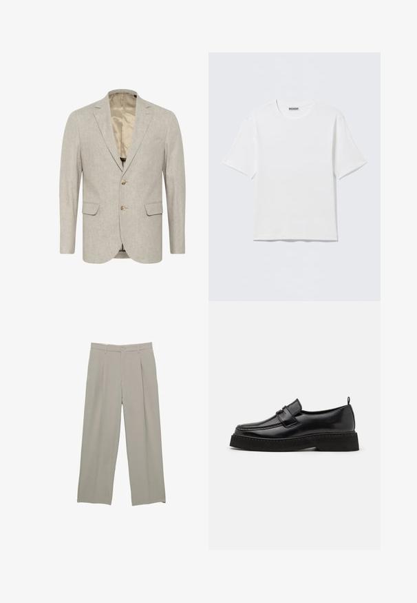 Heller grauer Blazer aus strukturiertem Stoff, mit einer Zwei-Knopf-Verschluss, Reverskragen und zwei Taschen vorne. Futter im Inneren.; Schlichtes weißes T-Shirt mit kurzen Ärmeln und Rundhalsausschnitt, mit einem kleinen "WEEKDAY"-Etikett an der Innenseite des Rückenkragens, auf einer flachen Oberfläche liegend dargestellt.; Hellgraue weit geschnittene Hosen mit glatter Textur, mit vorderen Falten, Knopfverschluss und seitlichen Taschen.; Schwarze Leder Slipper mit flacher, strukturiertem Sohlen, mit einer gestickten Zehenpartie und einem Riemen über dem Spann.