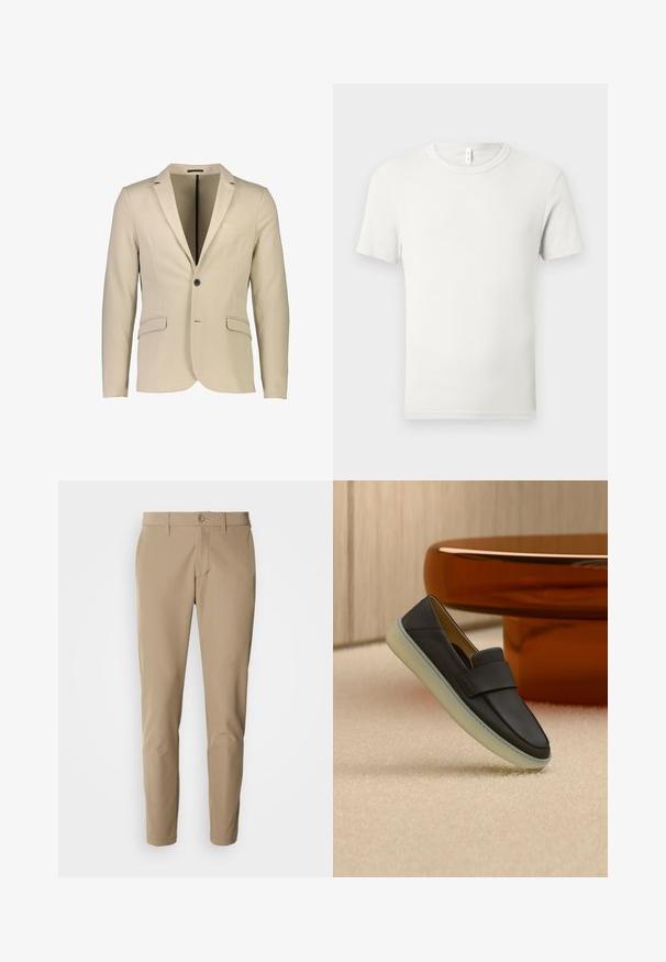 Beige Blazer aus glattem Stoff; verfügt über einen einzelnen schwarzen Knopf, zwei Fronttaschen und ein Reversdesign für zusätzliche Struktur.; Einfaches weißes T-Shirt mit kurzen Ärmeln und Rundhalsausschnitt, flach auf einem hellgrauen Hintergrund ausgebreitet, mit einem kleinen Stoffetikett am Kragen.; Beige Hose aus glattem Stoff mit geradem Schnitt, ausgestattet mit einem Knopfverschluss und frontalen Taschen, ergänzt durch Gürtelschlaufen.; Schwarzer Lederloafer mit dicker weißer Sohle, dargestellt auf beigem Teppich neben einem runden, bernsteinfarbenen Tisch.