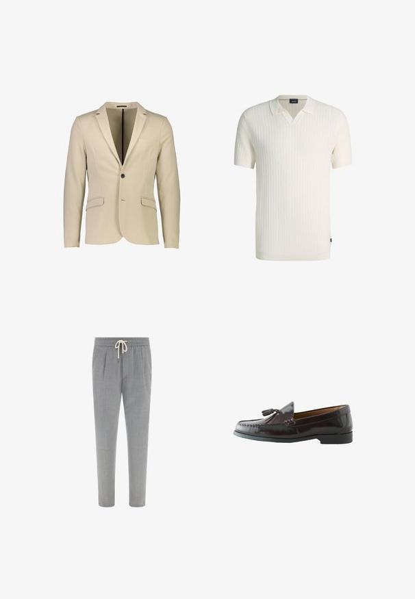 Beige Blazer aus glattem Stoff; verfügt über einen einzelnen schwarzen Knopf, zwei Fronttaschen und ein Reversdesign für zusätzliche Struktur.; Weißes, kurzärmeliges Strick-Poloshirt mit strukturiertem Muster und offenem Kragen.; Hellgraue Freizeithose mit elastischem Bund und weißem Kordelzug, mit maßgeschneiderter Passform und subtiler Struktur.; Dunkelbrauner Ledertroddellloafer mit abgerundeter Spitze, gesteppten Details und schwarzer Gummisohle vor weißem Hintergrund.