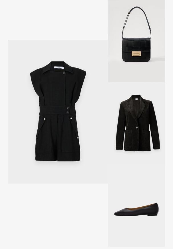 Sort fløjl blazer med udskåret klap, enkelt knaplukning, brystlomme og to forbinder lommer. Tekstiler med lodrette striber.; Sort hørdragt med korte ærmer, trykknaplukning, taljebælte og to forlommer. Glat tekstur og skræddersyet design.; Sort læder flad sko med spids tå, lav hæl og glat finish, vist fra siden på en lysegrå baggrund.; Loeffler Randall DESI CROSSBODY WITH LOCK HARDWARE - Skuldertasker - black