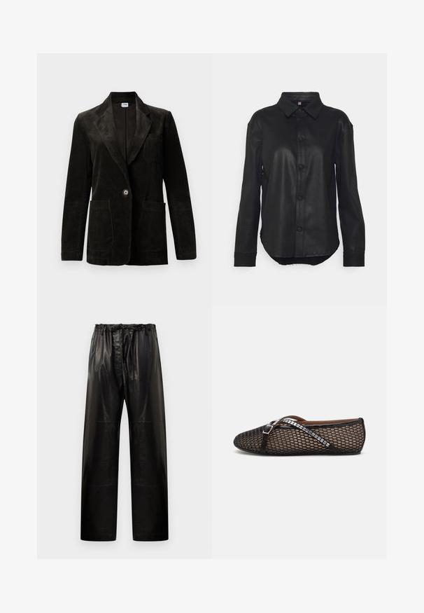 Sort fløjl blazer med udskåret klap, enkelt knaplukning, brystlomme og to forbinder lommer. Tekstiler med lodrette striber.; DL1961 ZITA - Skjortebluser - black; Sorte læderbukser med en afslappet pasform, elastisk talje og snøre. Har en glat tekstur og bred bendesign.; Sorte mesh ballet flats har et struktureret design, tynd justerbar rem og metalliske detaljer langs kanten, med en rund tå.