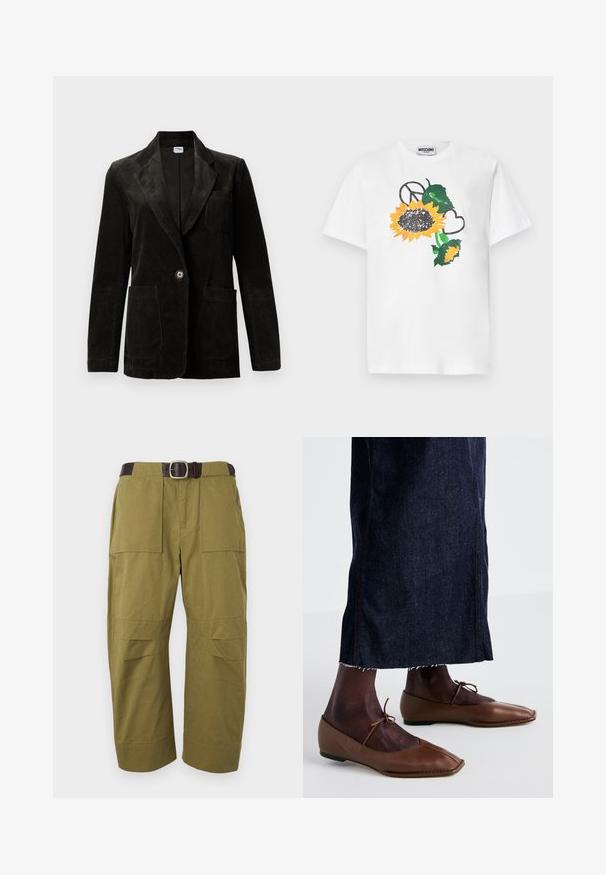 Sort fløjl blazer med udskåret klap, enkelt knaplukning, brystlomme og to forbinder lommer. Tekstiler med lodrette striber.; Hvid kortærmet t-shirt med en stor solsikke, grønne blade og sorte freds- og hjertesymboler på forsiden.; Oliven grønne bukser med vide ben, store forlommer og et mørkebrunt læderbælte med sølvspænde.; Brune læderballerinaer med spids toe og narrestreger, parret med en mørk denimnederdel med frynset kant og søm ved siden af.