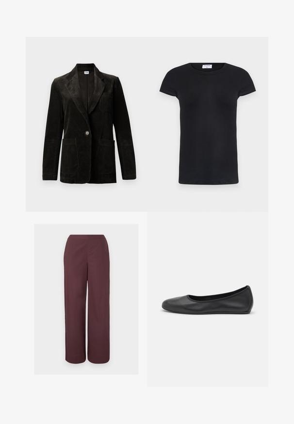 Sort fløjl blazer med udskåret klap, enkelt knaplukning, brystlomme og to forbinder lommer. Tekstiler med lodrette striber.; Sort ribbet T-shirt med rund halsudskæring og korte ærmer. Blødt materiale med en tætsiddende pasform, som har et mærke i nakken.; Brune bredbenede bukser med høj talje, glat front og sidelommer, vist mod en ensartet lys baggrund.; Sort læderballetsko med rund tå, glat tekstur, minimal syning og et fleksibelt såldesign.