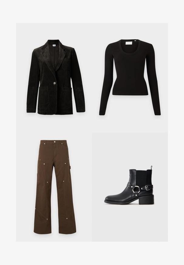 Sort fløjl blazer med udskåret klap, enkelt knaplukning, brystlomme og to forbinder lommer. Tekstiler med lodrette striber.; Sort langærmet top med rund hals, lavet af ribbet materiale, med tætsiddende pasform og minimalistisk design. Ingen synlige mønstre eller detaljer.; Brune bukser med lige ben, for- og sidelommer, sølvnitter, bærestropper og lukning med knap på hvid baggrund.; Sort læder ankelstøvle med sidespænde og ringdetalje, elastisk sideskærm, lav blokhæl og trækstrop på neutral baggrund.