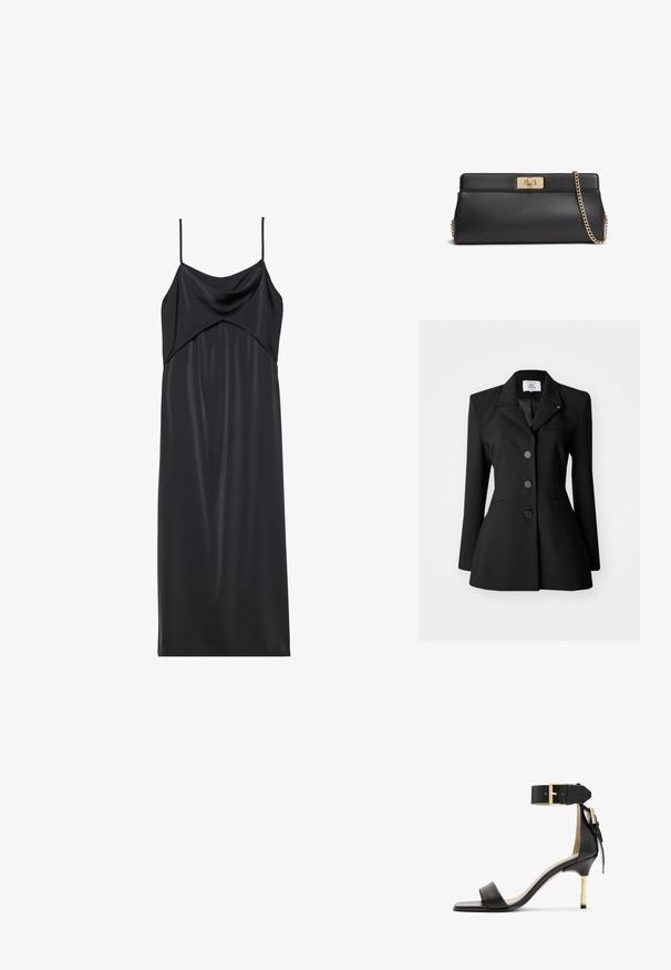 Sorte skræddersyet blazer med en notch lapel, dobbeltknaplukning, forlommer og en tætsiddende silhuet. Glat stofstruktur.; Sort satin slip kjole med tynde spaghetti stropper, en draperet halsudskæring og en lige silhuet. Glat tekstur og minimalistisk design.; Sort læder hæl sandal med firkantet tå, ankelrem med en guldbuckle og en slank metallisk hæl. Glat tekstur, minimalistisk design.; Sort læderclutch med lås i guldmetal og en matchende guld kæderem til skulderen.
