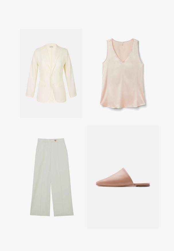 Lichtgele blazer met een notched lapel, twee voorkruiszakken en knoopsluiting. Gemaakt van een gladde stof met een gestructureerde pasvorm.; Mouwloze, lichtroze satijnen camisole met V-hals, losse pasvorm en zonder zichtbare patronen of versieringen, gefotografeerd tegen een effen achtergrond.; Wijde broekspijpen van lichte stof, in een gebroken witte kleur, met plooien aan de voorkant en een enkele knoopsluiting.; Beige leren mule zonder achterkant met puntige neus en platte zool, zijaanzicht op een egale lichte achtergrond.
