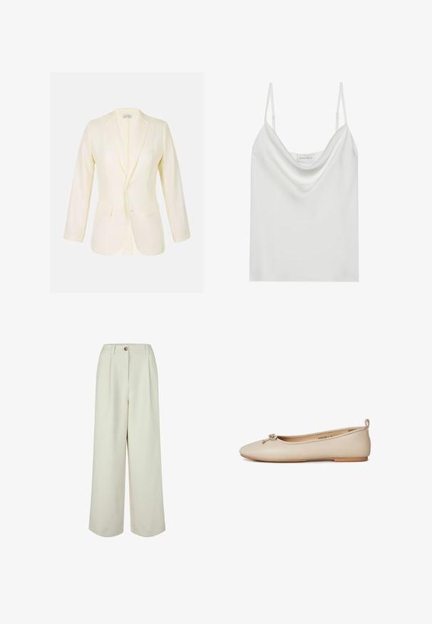 Lichtgele blazer met een notched lapel, twee voorkruiszakken en knoopsluiting. Gemaakt van een gladde stof met een gestructureerde pasvorm.; Witte satijnen camisole met een gedrapeerde halslijn, dunne verstelbare schouderbanden en een rechte zoom. Het label "ANNA FIELD" is zichtbaar aan de binnenkant.; Crème kleurige broek met hoge taille en wijde pijpen, voorzien van ceintuurlussen, knoopsluiting en voorplooien, ontworpen voor een relaxte pasvorm.; Beige leren ballerina met een afgeronde neus, een klein gestrikt strikje aan de voorkant, een lage hak en een trekkoord aan de achterkant.