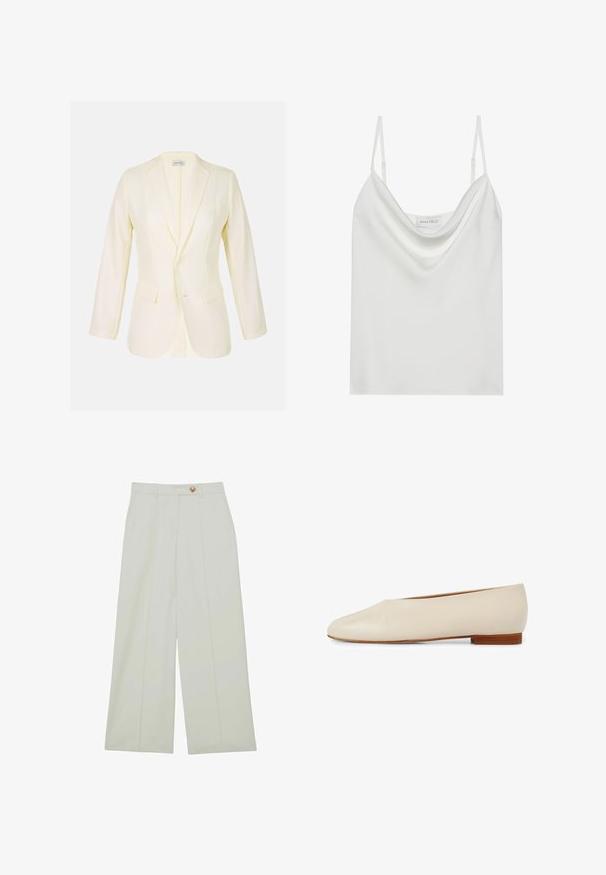 Lys gul blazer med notklap, to frontlommer og knaplukning. Lavet af glat stof med en struktureret pasform.; Hvid satin camisole med en draperet udskæring, tynde justerbare stropper og en lige afslutning. Mærket "ANNA FIELD" er synligt indeni.; Bukser med vide ben lavet af let stof i en off-white farve, med forreste læg og en enkelt knaplukning.; Beige læder flad sko med spids tå design, minimalistsk form og en kort træhæl for stabilitet og komfort.