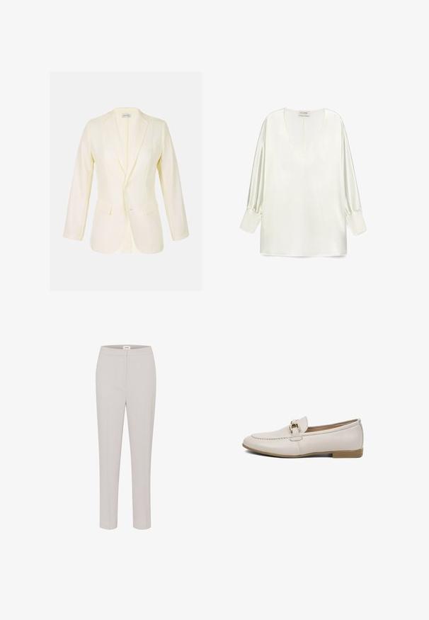 Lichtgele blazer met een notched lapel, twee voorkruiszakken en knoopsluiting. Gemaakt van een gladde stof met een gestructureerde pasvorm.; Witte satijnen blouse met een diepe V-hals, lange pofmouwen en een rechte zoom. De stof heeft een gladde, glanzende textuur.; Lichtgrijze op maat gemaakte broeken met een gladde textuur, slim fit en een klassieke tailleband. Geen zichtbare zakken of versieringen.; Beige leren loafer met goudkleurige metalen gesp en lage houten hak, slank ontwerp, zijaanzicht op witte achtergrond.