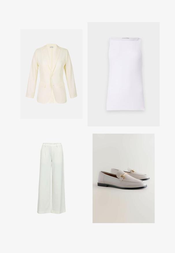 Blazer amarillo claro con solapa con muesca, dos bolsillos frontales y cierre de botones. Fabricado en tejido suave con un corte estructurado.; Top blanco sin mangas hecho de tela de canalé. Presenta un corte recto y un escote amplio en forma de barco. Textura suave sin patrones o acentos visibles.; Pantalones de pierna ancha en tela de color crema claro, con una textura suave, pliegues frontales y una cintura elástica para mayor comodidad.; Mocasines de cuero gris claro con punta afilada, que cuentan con un detalle metálico dorado y un bajo tacón negro. Textura suave, diseño minimalista.