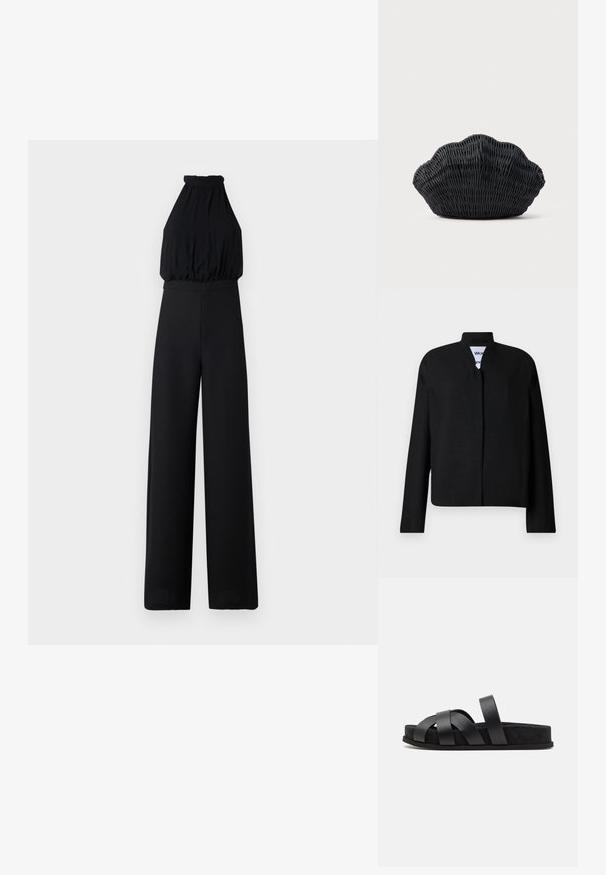 Zwarte jas met een mandarin-kraag, lange mouwen en een rechte snit. Gemaakt van een geborsteld stof, met een verborgen sluiting aan de voorkant.; Zwarte jumpsuit met een halternekdesign, geplooide buste en wijde broekspijpen. Gemaakt van een zachte stof, met een gladde textuur en minimale details.; Zwarte sliders met drie brede, overlappende banden van soepel leer, rustend op een gevoerde zwarte zool.; Zwarte gevlochten handtas in de vorm van een sint-jakobsschelp met een gebogen bovenkant en een geweven textuur op een effen achtergrond.