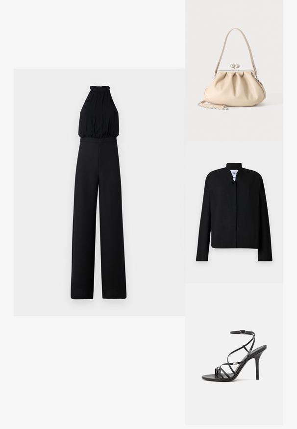 Veste noire avec un col mandarin, des manches longues et une coupe droite. Fabriquée dans un tissu texturé, elle dispose d'une fermeture frontale dissimulée.; Combinaison noire avec un design dos nu, buste froncé et pantalons à jambes larges. Fabriquée en tissu doux, elle possède une texture lisse et des détails minimaux.; Sandale noire à talons hauts avec des brides fines, une boucle à la cheville, une surface en cuir lisse et un talon aiguille élancé.; Sac à main en cuir souple beige avec un fermoir en métal argenté, une bandoulière simple et une bandoulière chaîne optionnelle sur fond blanc.