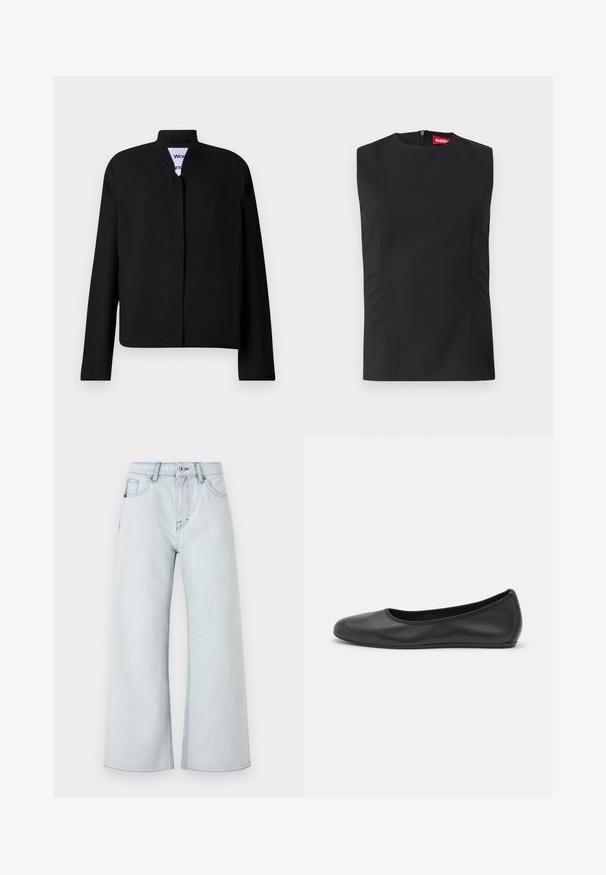 Veste noire avec un col mandarin, des manches longues et une coupe droite. Fabriquée dans un tissu texturé, elle dispose d'une fermeture frontale dissimulée.; Top noir sans manches avec un col haut, des pinces sur le devant et une fermeture éclair invisible au dos. Fabriqué en tissu lisse avec une coupe structurée.; Jean léger bleu clair avec une coupe large, fabriqué en denim. Comprend un style à cinq poches, des passants de ceinture et une fermeture à bouton.; Ballerines en cuir noir avec un bout rond, texture lisse, détails de couture minimalistes et design de semelle flexible.