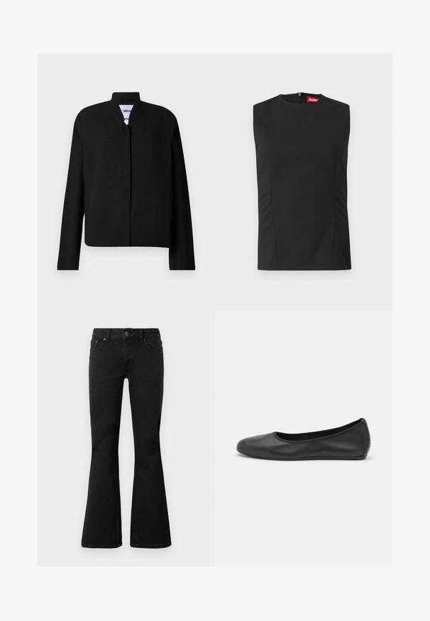 Chaqueta negra con cuello mao, de mangas largas y corte recto. Fabricada en un tejido texturizado, presenta un cierre frontal oculto.; Top negro sin mangas con cuello alto, pinzas en el frente y una cremallera invisible en la parte posterior. Está hecho de una tela suave con un ajuste estructurado.; Vaqueros negros de cintura alta con cierre frontal de botón y cremallera, dos bolsillos frontales y perneras acampanadas, dispuestos sobre fondo blanco.; Bailarina de piel negra con punta redondeada, textura suave, detalle de costura minimalista y diseño de suela flexible.
