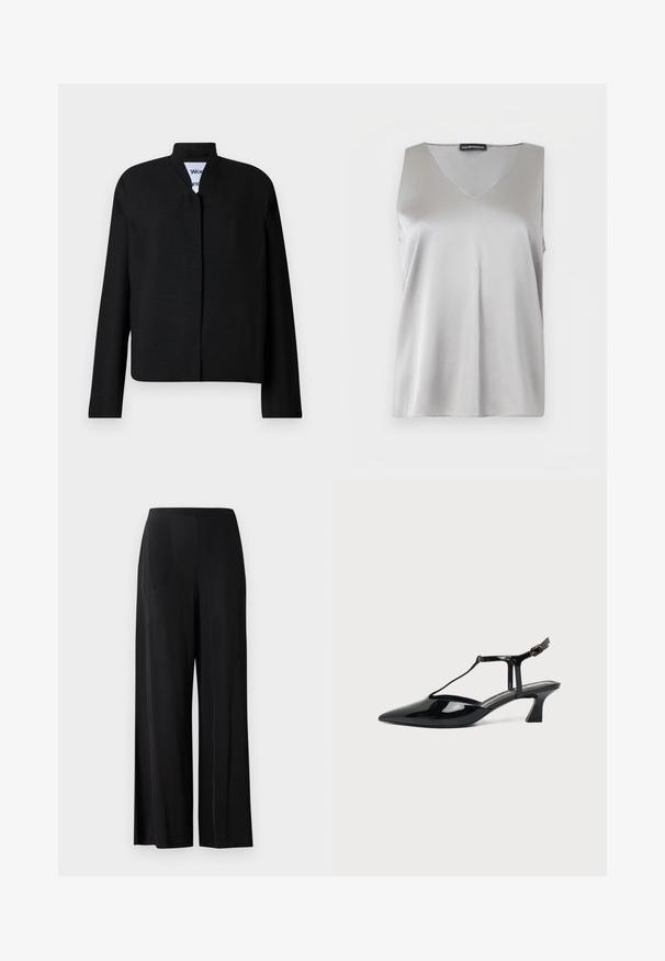 Chaqueta negra con cuello mao, de mangas largas y corte recto. Fabricada en un tejido texturizado, presenta un cierre frontal oculto.; Top sin mangas de satén plateado con escote en V y etiqueta de Emporio Armani sobre un fondo blanco.; Pantalones negros de pierna ancha, fabricados en tela suave, con una cintura alta y sin bolsillos ni elementos metálicos visibles. Diseño hasta el suelo.; Zapato slingback de cuero charol negro con punta fina, tira en T y tacón bajo en bloque inclinado sobre fondo blanco.