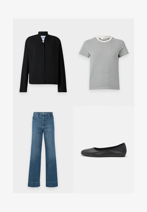 Veste noire avec un col mandarin, des manches longues et une coupe droite. Fabriquée dans un tissu texturé, elle dispose d'une fermeture frontale dissimulée.; T-shirt rayé en blanc et bleu marine avec des manches courtes et un col rond. Présente des rayures horizontales de différentes largeurs. Matériau en coton doux.; Des jeans en denim bleu à jambes larges présentent une taille haute, un design à cinq poches et un ourlet effiloché. Le tissu a une texture lisse avec une légère décoloration.; Ballerines en cuir noir avec un bout rond, texture lisse, détails de couture minimalistes et design de semelle flexible.