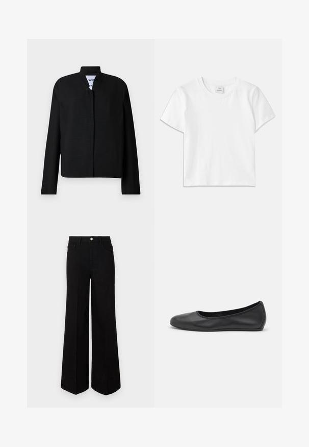 Veste noire avec un col mandarin, des manches longues et une coupe droite. Fabriquée dans un tissu texturé, elle dispose d'une fermeture frontale dissimulée.; T-shirt en coton blanc avec un col rond, des manches courtes et un ourlet droit. Étiquette marquée "Won Hundred" au centre de l'encolure.; Jean large noir fabriqué dans un tissu robuste, avec une taille haute, des poches avant et une fermeture à bouton à l'avant. Ourlet plat en bas.; Ballerines en cuir noir avec un bout rond, texture lisse, détails de couture minimalistes et design de semelle flexible.
