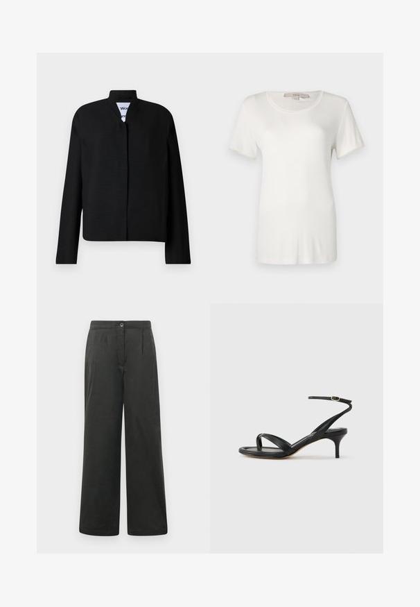 Veste noire avec un col mandarin, des manches longues et une coupe droite. Fabriquée dans un tissu texturé, elle dispose d'une fermeture frontale dissimulée.; T-shirt blanc à manches courtes en coton doux et extensible. Dispose d'un col rond et d'une texture lisse et unie sans motifs visibles.; Pantalons larges noirs avec une texture lisse, dotés de plis avant, d'une fermeture à bouton et d'une taille élastique pour plus de confort.; Sandale pour femme en cuir noir avec fines lanières, une boucle d'orteil, une boucle à la cheville et un talon aiguille de hauteur moyenne sur un fond neutre.