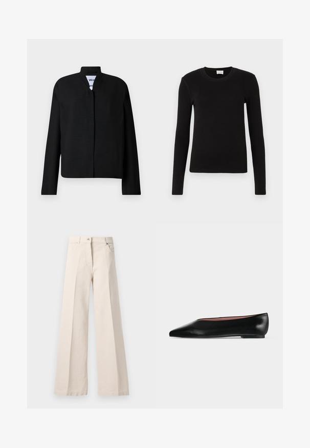 Veste noire avec un col mandarin, des manches longues et une coupe droite. Fabriquée dans un tissu texturé, elle dispose d'une fermeture frontale dissimulée.; T-shirt noir à manches longues en tissu doux et lisse. Présente un col rond et une coupe ajustée, sans motifs ni accents visibles.; Pantalons larges taille haute beige avec bouton avant, fermeture éclair, passants de ceinture et poches latérales sur un fond clair.; Chaussure plate en cuir noir pour femme, avec bout pointu et petit talon, vue de côté sur un fond gris clair uni.