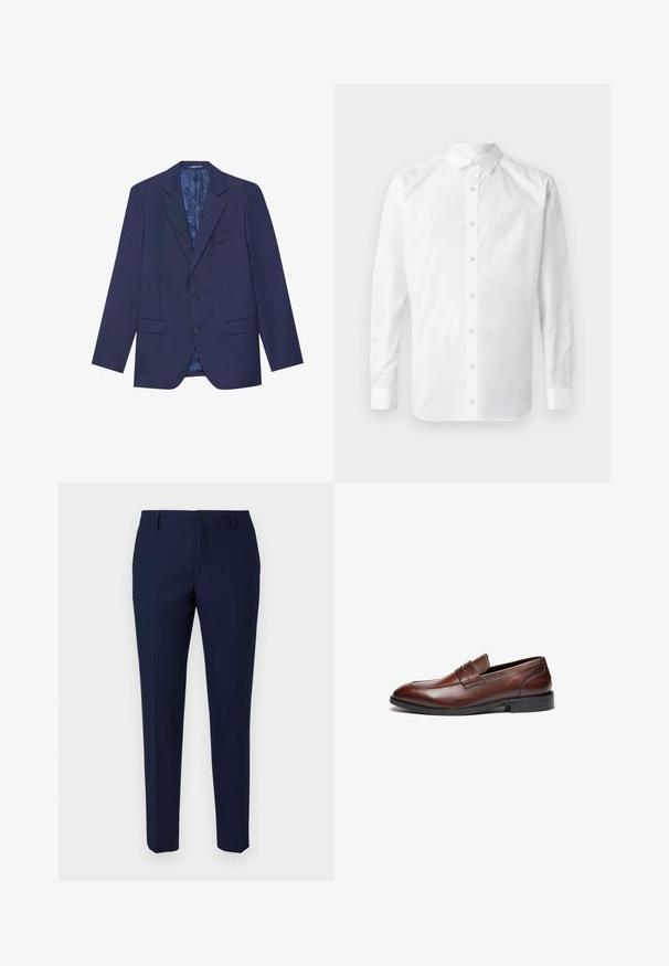 Blazer bleu marine avec deux boutons, revers en pointe et deux poches avant. L'intérieur présente une doublure à motifs. Tissu texturé.; Chemise blanche à manches longues, à col classique, avec une patte de boutonnage à l'avant et une texture en coton lisse.; Pantalons ajustés bleu marine en tissu lisse, dotés d'une fermeture à bouton, d'un devant plat et de jambes fuselées pour une coupe moderne.; Mocassins en cuir marron avec une finition lisse, bout arrondi, sangle décorative et semelle en caoutchouc noire. Présente un détail de coutures minimal.