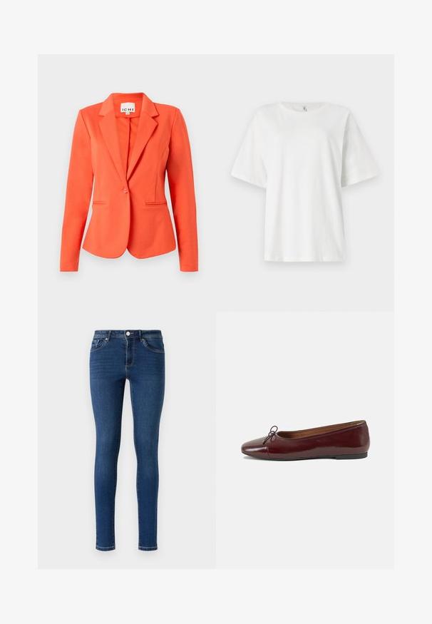 Koraal blazer van soepel materiaal met een getailleerd ontwerp, enkele knoopsluiting, ingekeepte revers en twee voorzakken.; Witte, kortekorte mouw t-shirt van katoen. Rond de hals en een ontspannen pasvorm. Glad textuur zonder zichtbare patronen of hardware details.; Skinny denim jeans in donkerblauw. Beschikt over een klassieke vijf-pocketstijl, metalen knoopsluiting en subtiele stiksels langs de naden.; Bordeaux gepatenteerd lederen ballerina met een ronde neus, een klein strikaccent aan de voorkant en een lage, zwarte rubberen zool. Glad textuur.