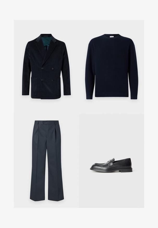 Blazer croisé en velours côtelé marine foncé, doté de deux poches avant et d'une doublure intérieure contrastante en teal.; Pull en tricot côtelé bleu marine avec un col rond, des manches longues et une coupe décontractée. Texture douce, design minimaliste et sans motifs visibles.; Pantalons larges rayés marine avec plis avant, fermeture à bouton unique et tissu lisse. Présente des fines rayures verticales vertes pour le détail.; Mocassins en cuir noir avec une finition texturée, dotés d'une bride décorative à l'avant et d'un bout arrondi. Semelle en caoutchouc pour plus de durabilité.