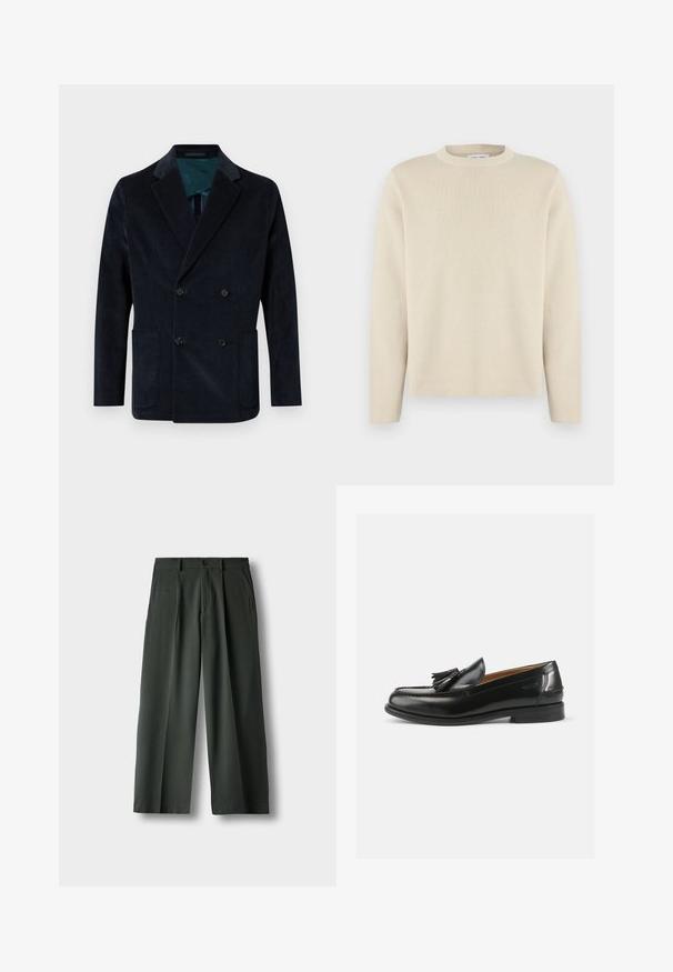 Blazer croisé en velours côtelé marine foncé, doté de deux poches avant et d'une doublure intérieure contrastante en teal.; Pull beige à manches longues avec col rond et un petit logo subtil sur la poitrine gauche, présenté sur un fond blanc uni.; Pantalon vert foncé à jambe large avec plis sur le devant, poches latérales, passants pour ceinture et fermeture par bouton sur un fond blanc uni.; Mocassins en cuir noir avec un accent de gland, un bout arrondi et une finition lisse. La semelle est plate avec un motif de trottoir minimal.