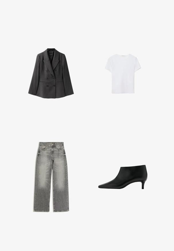 Mørkegrå dobbeltradet blazer med smalle striber, brede slag, seks knapper og to forlommer på hvid baggrund.; Hvid kortærmet t-shirt lavet af blødt stof. Har en rund halsudskæring og et simpelt, rent design med en lige underkant.; Grå denimjeans med lige ben, for- og baglommer, knap- og lynlåslukning samt diskrete falmede vaskedetaljer.; Sort læderankelstøvle med spids tå og lavt kittenhæl, designet til elegant og formelt brug.