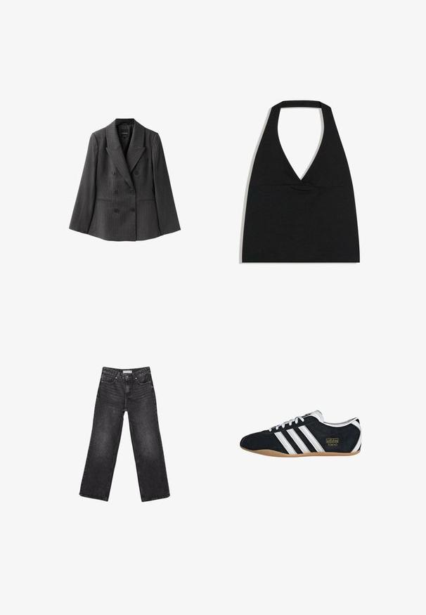 Mørkegrå dobbeltradet blazer med smalle striber, brede slag, seks knapper og to forlommer på hvid baggrund.; Sort halterneck crop top med dyb V-udskæring og bred nakkestrop mod en hvid baggrund.; Sorte denimjeans med brede ben, for- og baglommer, knaplukning og bæltestropper, lagt fladt på en hvid baggrund.; Sort ruskinds sneaker med hvide tre striber, guldlogo og en brun gummisål. Har et lavprofil snørebåndsdesign.