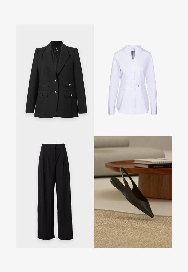 Schwarzer Blazer aus glattem Stoff, mit Reverskragen, zwei Knopfverschlüssen und zwei vorderen Klappentaschen mit glänzenden silbernen Knöpfen.; Leichtes Damenhemd in Hellblau und Weiß mit dünnen Streifen, langärmlig, mit Knöpfen, Mandarinkragen und einer kleinen schwarzen Stickblume auf der Vorderseite.; Schwarze High-Waist-Hose mit weitem Bein, Gürtelschlaufen und einem Reißverschluss vorne, vor weißem Hintergrund präsentiert.; Schwarzer Slingback-Flachschuh mit spitzer Spitze neben rundem Holztisch mit gestapelten Büchern auf beigem Teppich in modernem Wohnzimmer.
