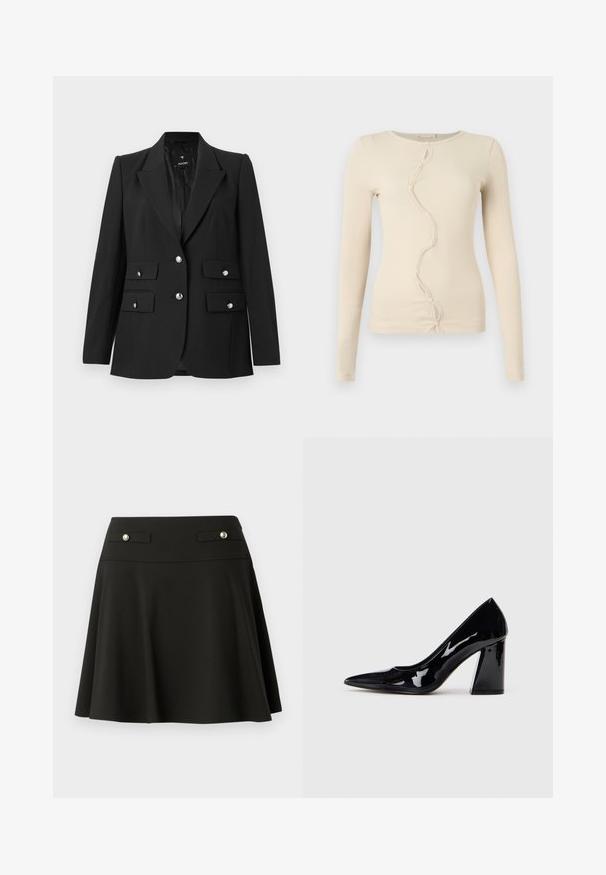 Schwarzer Blazer aus glattem Stoff, mit Reverskragen, zwei Knopfverschlüssen und zwei vorderen Klappentaschen mit glänzenden silbernen Knöpfen.; Langärmeliges, geripptes Oberteil in hellem Beige mit wellenförmiger Knopfleiste vorne und rundem Ausschnitt. Weicher Stoff mit leichter Textur.; Schwarzer Skaterrock aus glattem Stoff, mit zwei vorderen Taschen und dekorativen Knöpfen, sowie einem ausgestellten Design ab der Taille.; Schwarzer Lackleder-High-Heel-Schuh mit spitzer Zehe und einem klobigen Absatz, der eine glatte, glänzende Textur und ein elegantes Design aufweist.