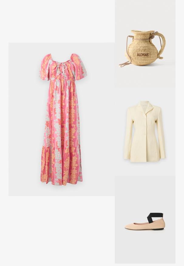 Crème-kleurige blazer met een notch-uitsnede, enkelvoudige knoopsluiting en drie knopen; inclusief zijzakken en gestructureerde pasvorm.; Roze maxi-jurk met pofmouwen, voorste striknek en een gele en lichtblauwe bloempatronen.; Beige leren balletschoenen met een spitse neus en een zwarte band rond de enkel, met een gladde textuur en een minimalistisch ontwerp.; Ronde gevlochten strohandtas met een handvat van touw en "ALEMAIS" geborduurd aan de zijkant in bruine draad.
