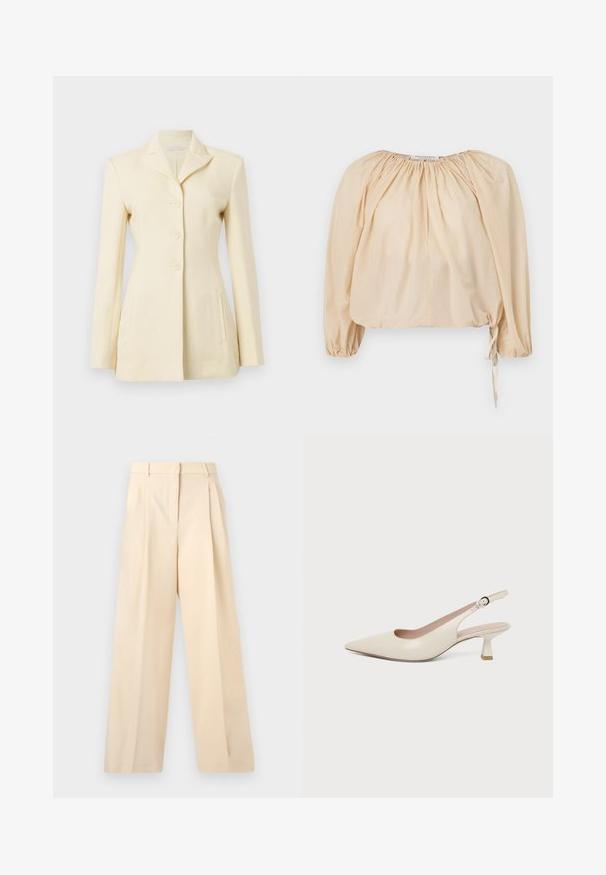Cremfarbener Blazer mit Reverskragen, einreihiger Knopfleiste und drei Knöpfen; beinhaltet Seitentaschen und eine taillierte Passform.; Beige Bluse mit Puffärmel aus leichtem Baumwollstoff. Mit gerafftem Ausschnitt und Kordelzug am Saum für eine verstellbare Passform. Glatte Textur.; Beige Hosen mit weitem Bein, Vorne mit Falten, Gürtelschlaufen, Seitentaschen und einem verdeckten Vorderreißverschluss.; Slingback-Schuh in Creme mit spitzer Schuhspitze, kleinem geschwungenem Kittenabsatz und verstellbarem Schnallenriemen.