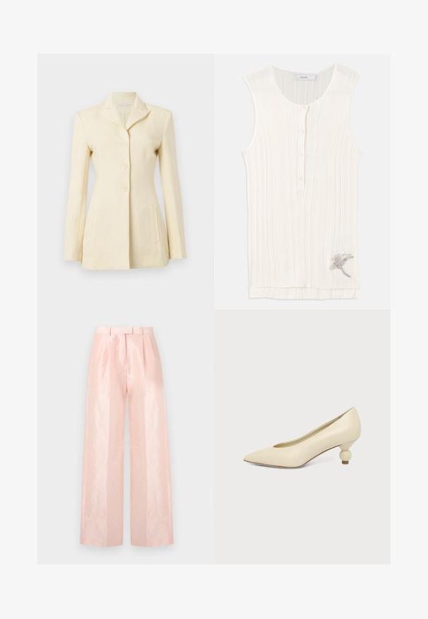 Cremfarbener Blazer mit Reverskragen, einreihiger Knopfleiste und drei Knöpfen; beinhaltet Seitentaschen und eine taillierte Passform.; Ärmelloses, geripptes Tanktop aus Off-White-Stoff, mit geknöpftem Vorderteil und metallischen Blumenstickereien am Saum.; Helle rosa, hochgeschnittene, weite Hosen mit glatter, glänzender Textur, Falten an der Vorderseite und einem passenden Gürtel.; Damenpumps in cremefarben mit spitz zulaufender Schuhspitze und niedrigem, kugelförmigem Absatz vor einfarbigem Hintergrund.