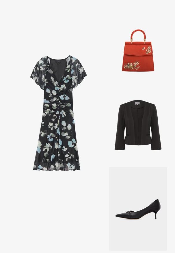 Blazer negro con una tela suave, diseño de frente abierto, mangas de 3/4, dos bolsillos frontales y un sutil detalle texturizado a lo largo de los bordes.; Vestido floral negro con detalles fruncidos. Presenta mangas cortas en forma de volantes y una falda fluida adornada con patrones florales en azul claro y blanco.; Zapato de cuero negro con punta afilada y tacón tipo mini de gato, con una pequeña tira con hebilla en la parte delantera, mostrado sobre un fondo blanco liso.; Bolso de mano de ante rojo con forma estructurada, que presenta un mango superior y herrajes dorados. Diseños bordados de flores y pájaros en la parte delantera.
