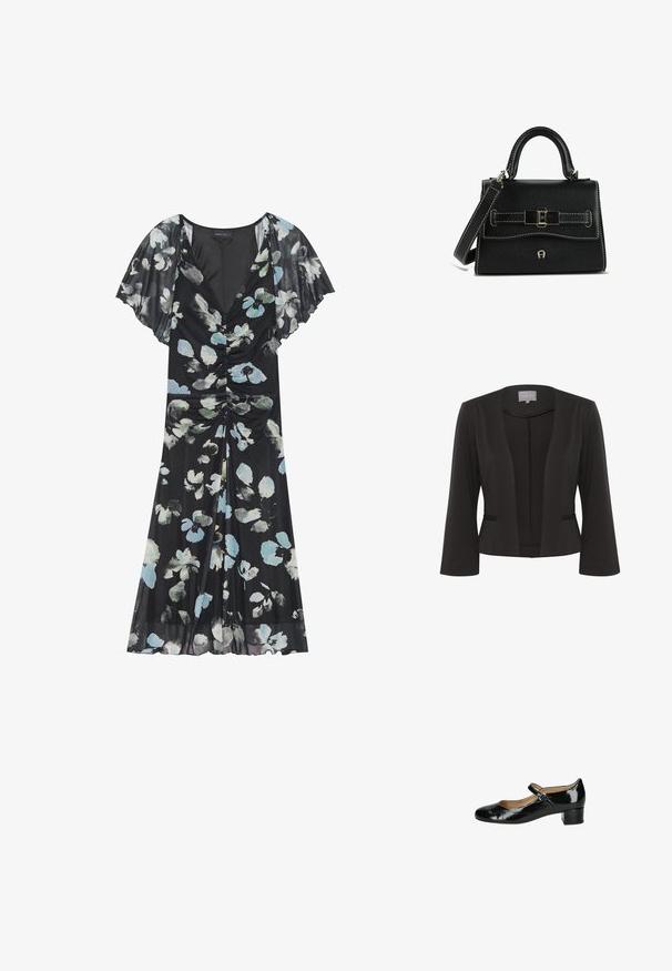 Blazer negro con una tela suave, diseño de frente abierto, mangas de 3/4, dos bolsillos frontales y un sutil detalle texturizado a lo largo de los bordes.; Vestido floral negro con detalles fruncidos. Presenta mangas cortas en forma de volantes y una falda fluida adornada con patrones florales en azul claro y blanco.; Zapato Mary Jane de charol negro con puntera redondeada, correa ajustable con hebilla y un tacón bajo en bloque. Textura suave con un acabado brillante.; Bolso de mano de cuero negro con un acabado texturizado. Presenta una forma estructurada, asa corta, correa ajustable y un detalle decorativo de hebilla.