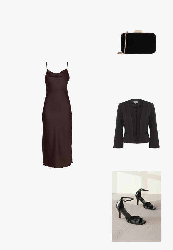 Blazer negro con una tela suave, diseño de frente abierto, mangas de 3/4, dos bolsillos frontales y un sutil detalle texturizado a lo largo de los bordes.; Vestido de satén color marrón oscuro sin mangas, con tirantes finos de espagueti y una silueta recta hasta el suelo.; Next REGULAR FIT - SIGNATURE - Sandalias de tacón - black; Clutch de terciopelo negro con herrajes en tono dorado, de forma rectangular y con correa de cadena, que presenta una textura suave y sin patrones visibles.