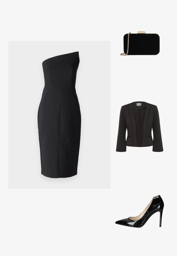 Blazer negro con una tela suave, diseño de frente abierto, mangas de 3/4, dos bolsillos frontales y un sutil detalle texturizado a lo largo de los bordes.; Vestido negro ajustado con diseño de un solo hombro. Hecho de una tela suave, presenta un corsé estructurado y una falda hasta la rodilla. Sin cierres visibles.; Zapato de charol negro de tacón alto con punta afilada, silueta curvada y acabado brillante. Presenta un tacón delgado y un diseño minimalista.; Clutch de terciopelo negro con herrajes en tono dorado, de forma rectangular y con correa de cadena, que presenta una textura suave y sin patrones visibles.