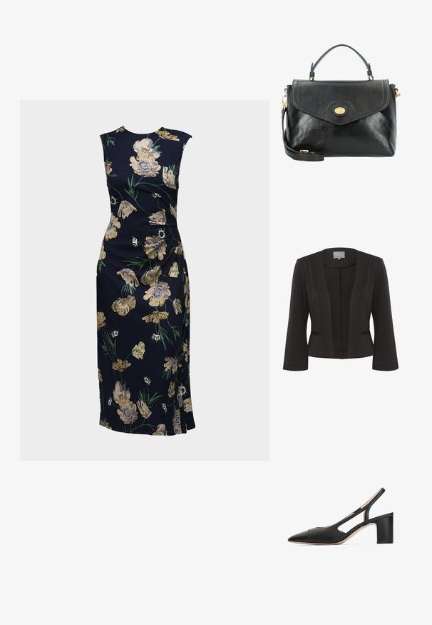 Blazer negro con una tela suave, diseño de frente abierto, mangas de 3/4, dos bolsillos frontales y un sutil detalle texturizado a lo largo de los bordes.; Vestido midi ceñido sin mangas en azul oscuro con estampado floral amarillo y verde, detalle de abertura lateral y escote redondo.; Zapato de piel negro tipo slingback con punta afilada, diseño recortado y tacón grueso. Textura suave con un acento brillante en la punta.; The Bridge Bolso de mano - nero