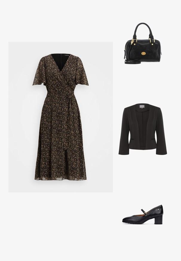 Blazer negro con una tela suave, diseño de frente abierto, mangas de 3/4, dos bolsillos frontales y un sutil detalle texturizado a lo largo de los bordes.; Vestido envolvente floral en negro con mangas cortas y vaporosas. Presenta un escote en V profundo, cintura ajustada y una falda fluida con un detalle de lazo.; Zapato Mary Jane de cuero negro con punta redonda, correa al tobillo que presenta una hebilla redonda y un tacón de bloque de madera de altura media. Detalles texturizados en el tacón.; The Bridge STODO - Bolso de mano - nero abb oro